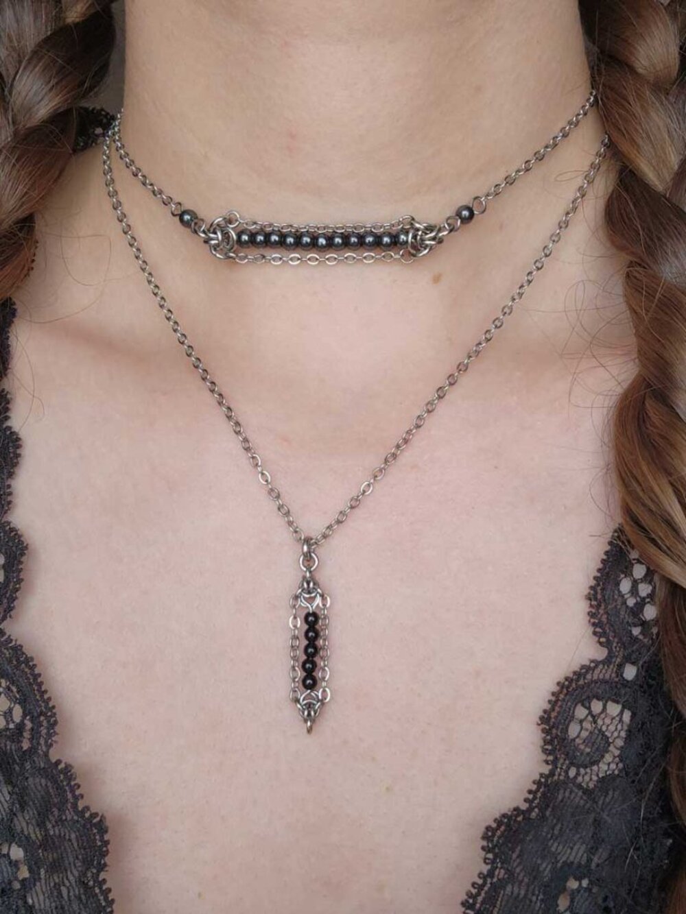 Gothic silver onyx necklace with a small silver chain